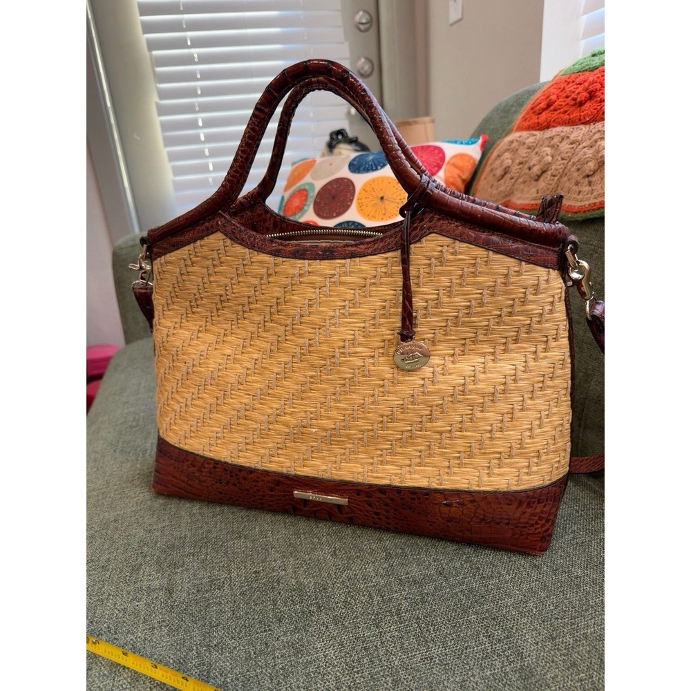 Brahmin Straw Raffia & Melbourne Embossed Leather Satchel Tote Brown Croc - Picture 5 of 13